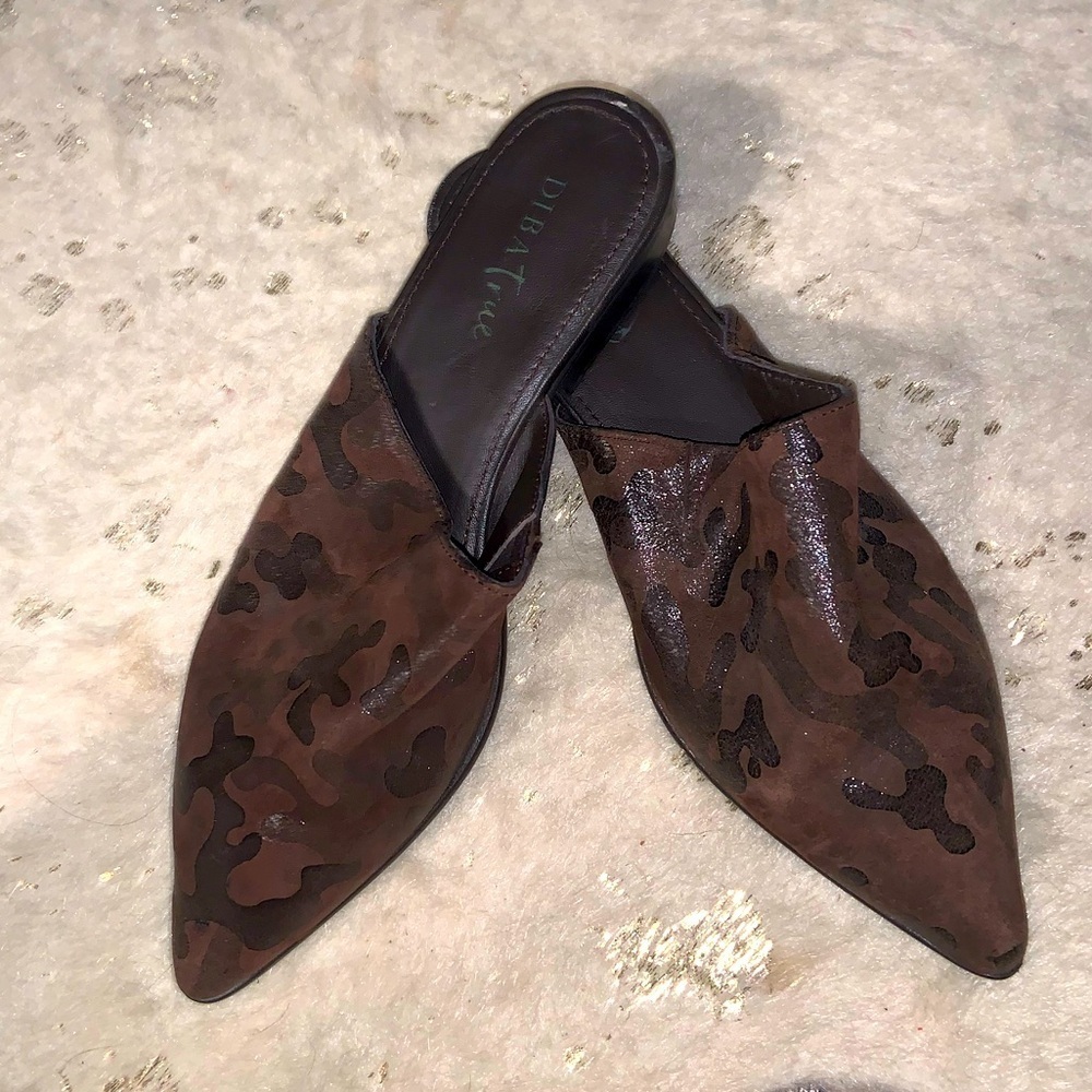 Diba True High Up Brown Embossed Camo Print Mule 100$ fall casual boho leather